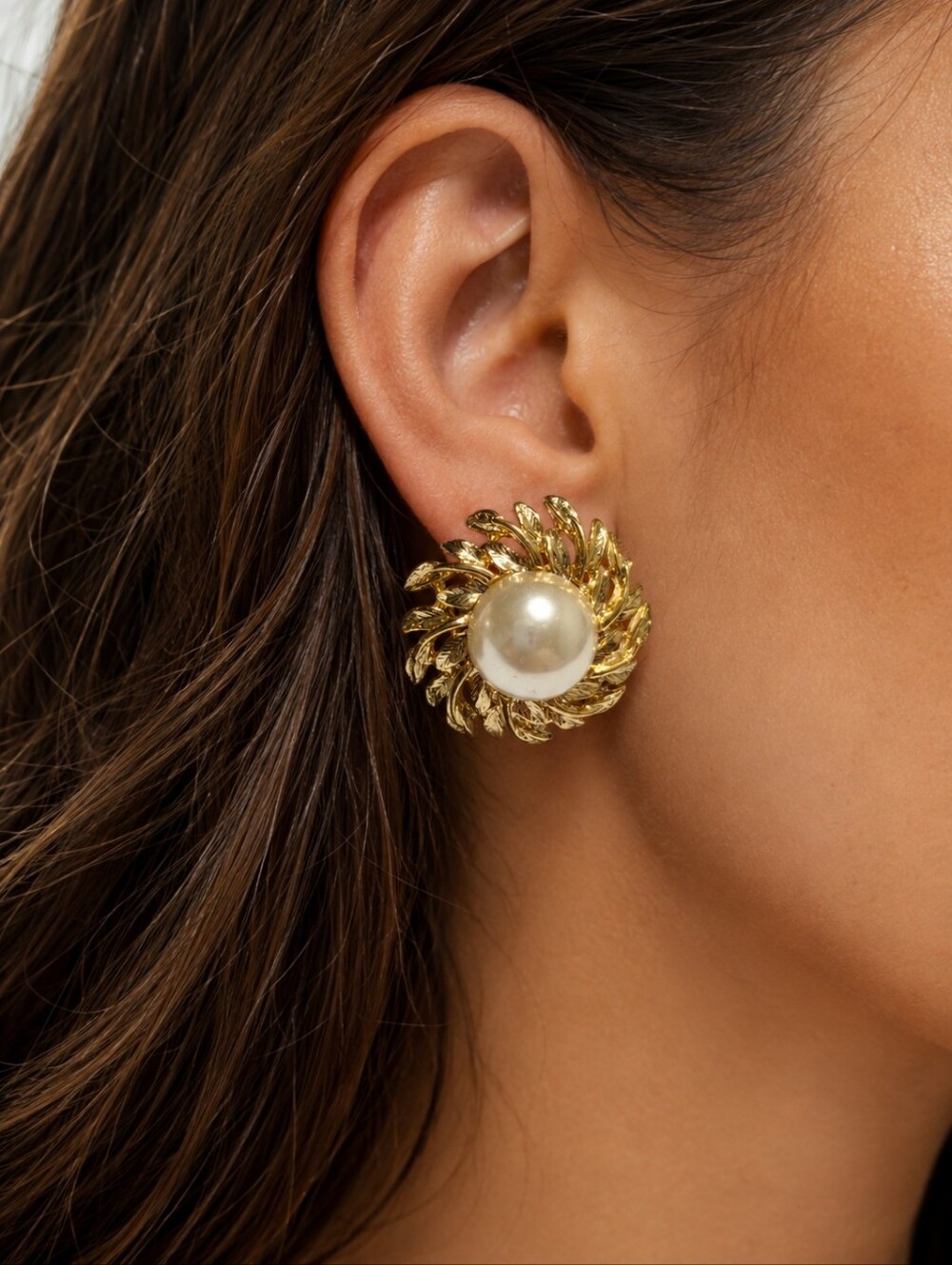 Gold Sunburst Stud Earrings Large Faux Pearl Vintage Fashion Jewelry Accessories